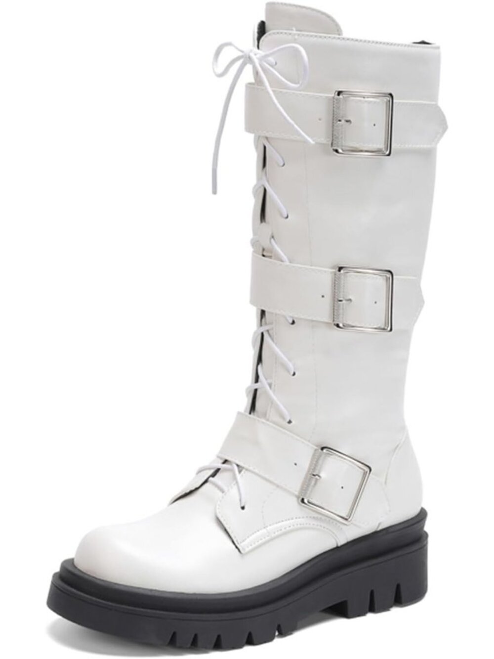 Women's Buckle White Buckles Rivet Goth Block Heel Round Toe Zipper Ankle Boots